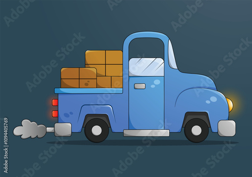 Side view flat blue cartoon pickup truck with boxes. Transport vehicle illustration.