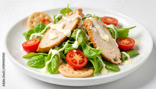 Caesar Salad with Grilled Chicken Breast, Cherry Tomatoes, Lettuce, and Crackers Drizzled with Caesar Dressing on a White Plate