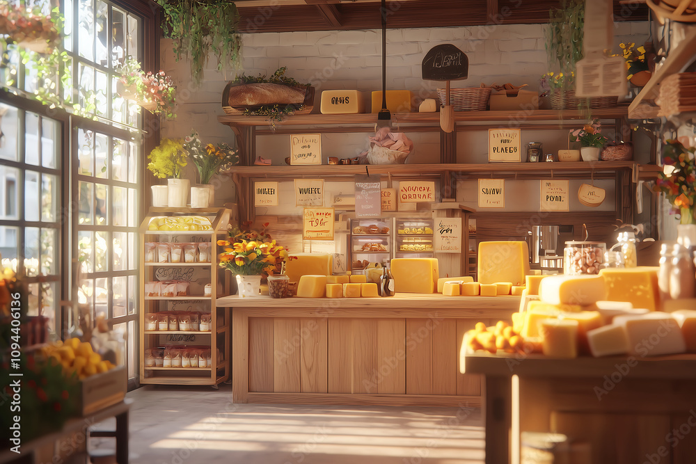 Fototapeta premium cheerful rustic cheese market with wooden shelves, vibrant flowers, and various cheese types displayed. warm atmosphere invites customers to explore