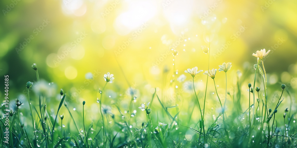 Fototapeta premium Little flowers and grass. Spring background. Generated AI