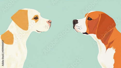 Two hunting dogs looking at each other, minimalist illustration photo