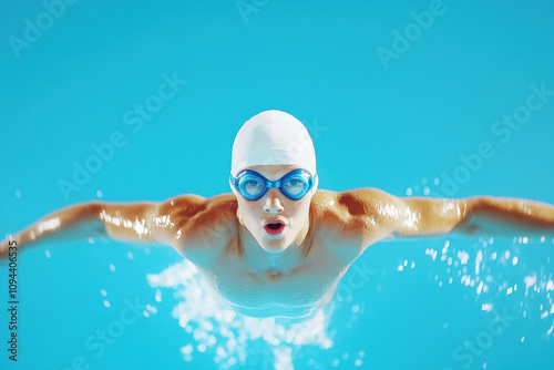 Professional swimmer focused underwater in blue pool photo