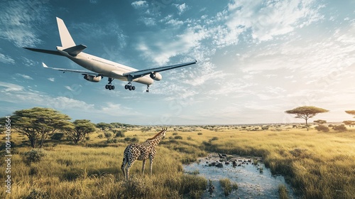 Majestic Safari Aerial View - 3D Rendering of Airplane Flying over Wildlife Landscape with Giraffes and Lions
