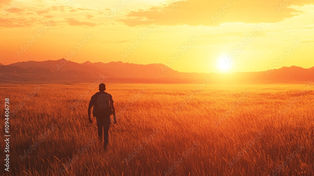 Adventurous Journey: Lone Traveler in Africa's Serene Plains at Sunset Adventurous Journey: Lone Traveler in Africa's Serene Plains at Sunset