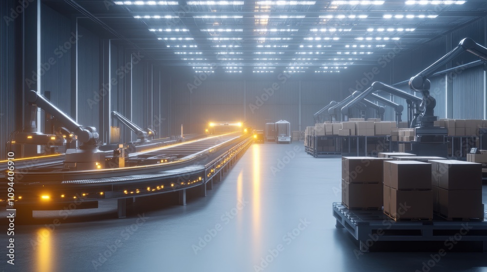 Fototapeta premium A modern automated warehouse featuring robotic arms and conveyor belts with stacked boxes.