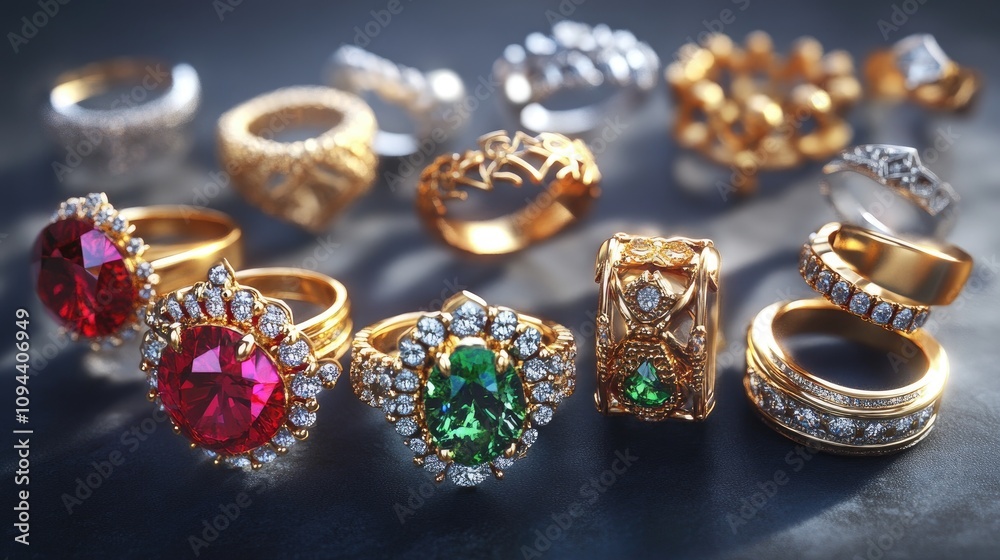 An exquisite collection of gold and gemstone rings featuring intricate designs and vibrant colors. An exquisite collection of gold and gemstone rings featuring intricate designs and vibrant colors.