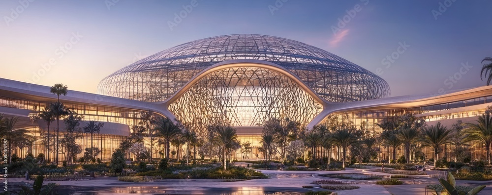 Fototapeta premium A modern architectural structure with a large glass dome, surrounded by greenery and water features.