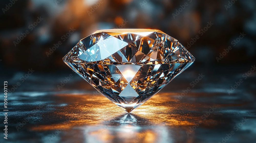 A large, clear diamond, brightly lit, sits on a dark surface.


