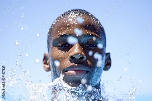 Teen emerging from water with determination and grace photo