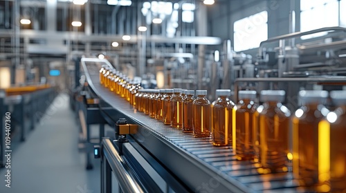 Line of amber bottles on a conveyor belt in a modern production facility.