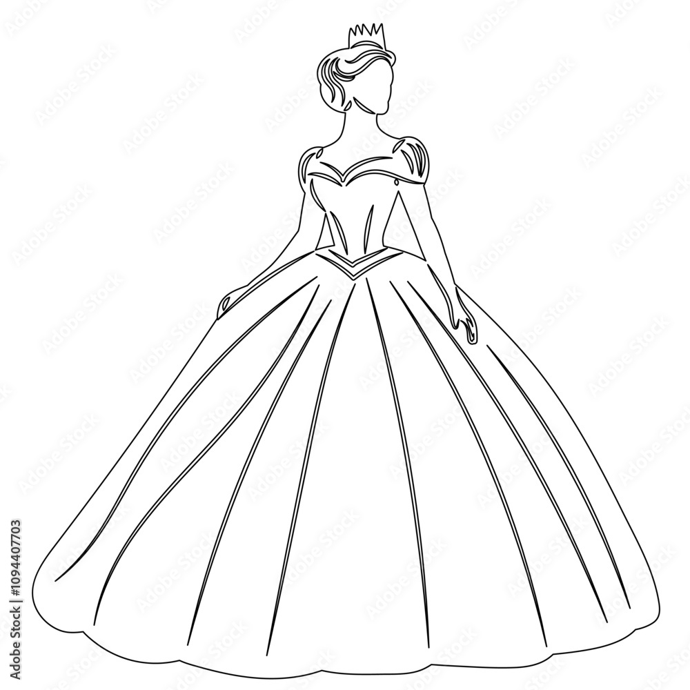 princess in ball gown sketch, outline, vector princess in ball gown sketch, outline, vector