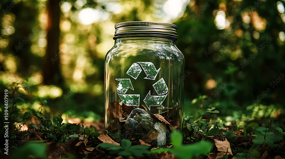 A glass jar features the universal recycling symbol, highlighting eco-friendly practices.