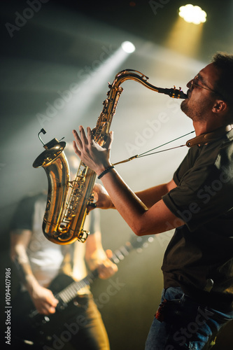 Canvas Print Saxophonist performing live on stage with passion and skill