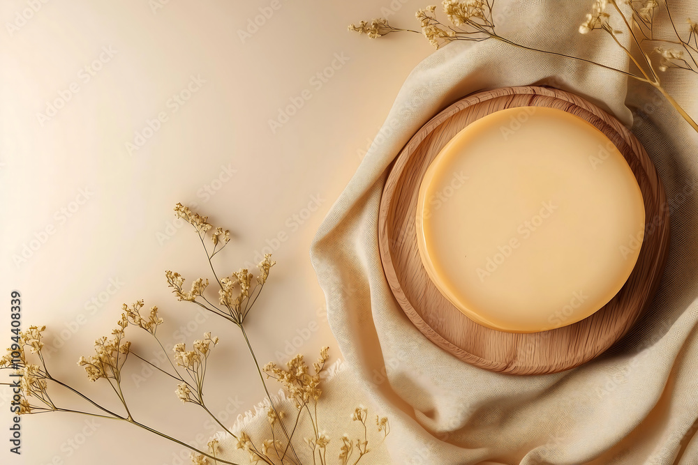 minimalist rustic background featuring round cheese on wooden plate, surrounded by delicate dried flowers and soft fabric, creating warm and inviting atmosphere minimalist rustic background featuring round cheese on wooden plate, surrounded by delicate dried flowers and soft fabric, creating warm and inviting atmosphere