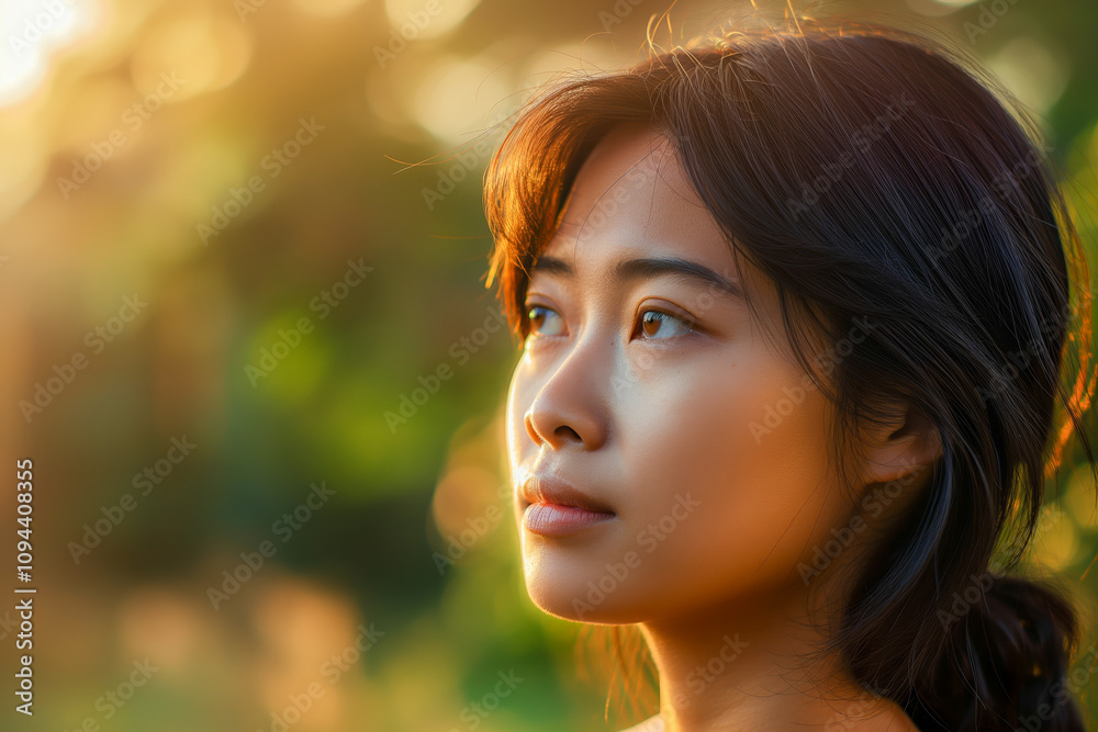 Pensive young Asian female in serene nature with soft sunlight and bokeh background Pensive young Asian female in serene nature with soft sunlight and bokeh background