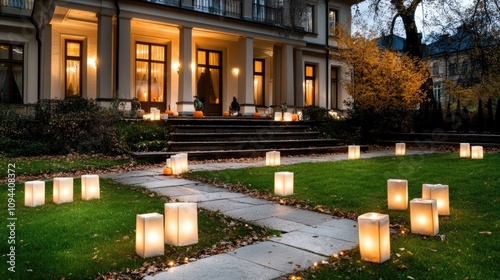 A cozy house adorned with glowing jack-o-lanterns and hanging decorations creates a festive Halloween atmosphere at twilight.