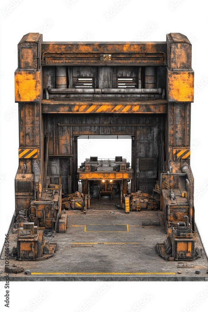 Rusty, futuristic factory; open doorway; heavy machinery. Rusty, futuristic factory; open doorway; heavy machinery.
