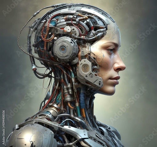 Technology illustration of cyborg with brain connections.