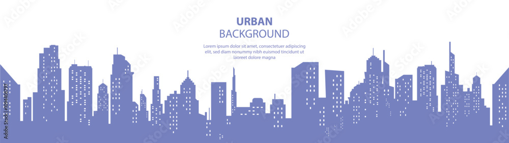 Naklejka premium City landscape with buildings. Towers and buildings in modern flat style on white background. Abstract horizontal banner and background with copy space for text. Vector header images for web
