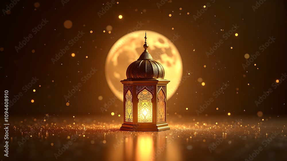 Fototapeta premium Ramadan Lantern with Full Moon. Concept of Islamic celebration and spirituality.