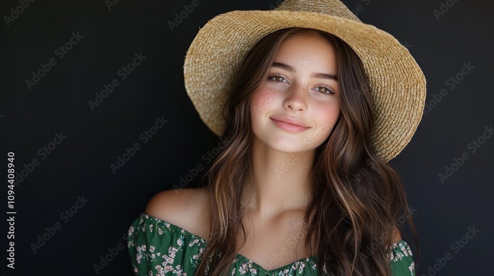 Portrait of a smiling teenage girl wearing a straw hat and floral dress against a black background. Portrait of a smiling teenage girl wearing a straw hat and floral dress against a black background.