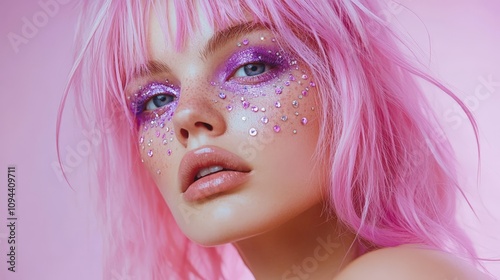 Vivid pink hair and sparkling makeup on young caucasian female.