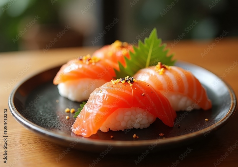 Delicious salmon sushi garnished with herbs served on a black plate Delicious salmon sushi garnished with herbs served on a black plate
