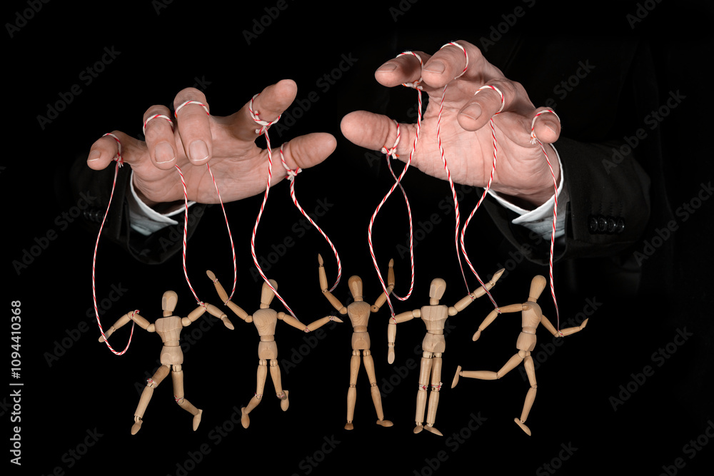 Poster Wooden puppet doll, obeying master hand pulling the strings of ...