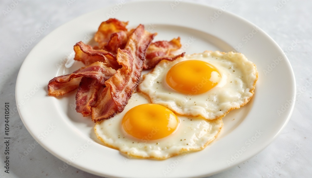 Sunny-Side-Up Eggs with Fried Bacon and Spices on a White Plate Sunny-Side-Up Eggs with Fried Bacon and Spices on a White Plate