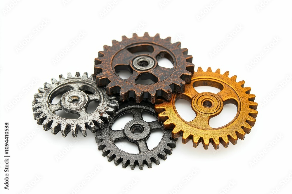 Four interlocking gears, various colors. Four interlocking gears, various colors.