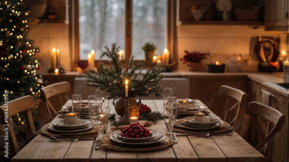 A rustic kitchen decorated for the New Year with a wooden table set for a festive meal. A rustic kitchen decorated for the New Year with a wooden table set for a festive meal.
