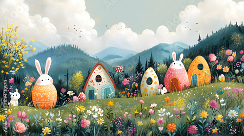 A charming gouache illustration of a whimsical Easter bunny village, with tiny houses shaped like eggs, playful rabbits, and colorful flowers filling the landscape. photo