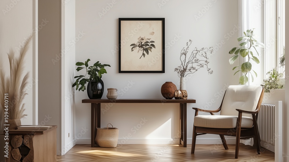 Fototapeta premium Cozy and stylish interior of living room with mock up poster frame, wooden console, flowers in vase, decorations and personal accessories. Modern home decor. Template. Zoom Virtual Meetings, Backdrop