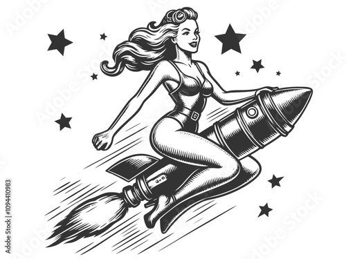 pin-up woman riding a rocket with a confident expression, embodying adventure and vintage sci-fi sketch engraving generative ai vector illustration. Scratch board imitation. Black and white image.