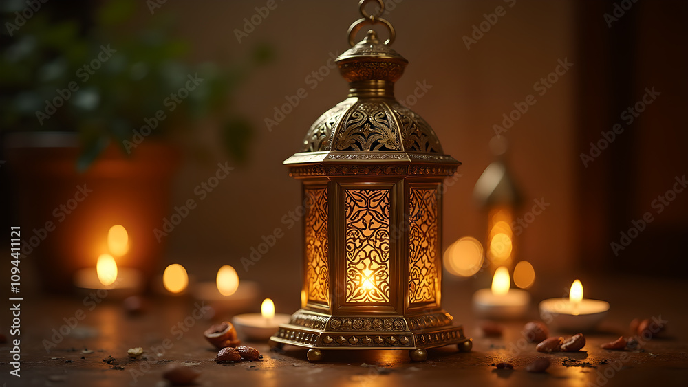 Ornate gold lantern with candlelight. Concept of Ramadan, Eid, and Islamic celebration. Ornate gold lantern with candlelight. Concept of Ramadan, Eid, and Islamic celebration.