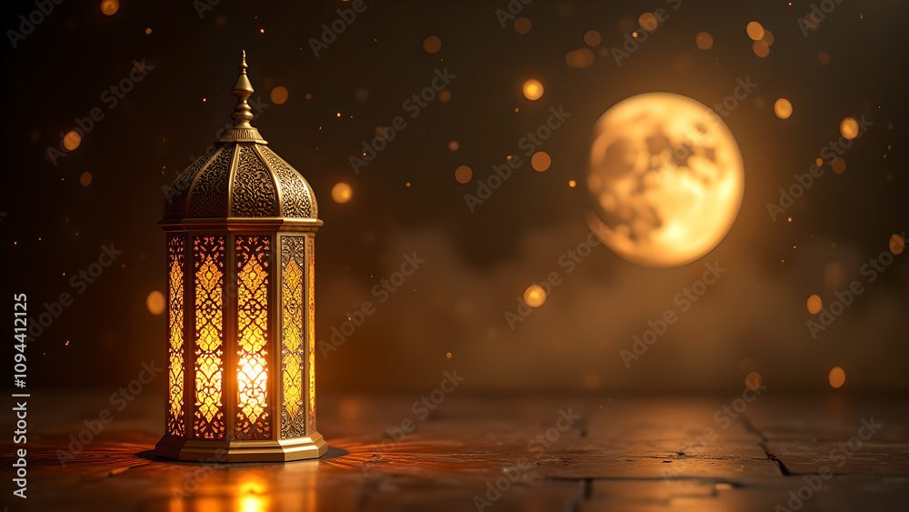 Ornate Ramadan Lantern with Full Moon Background. Concept of Islamic celebration and spirituality. Ornate Ramadan Lantern with Full Moon Background. Concept of Islamic celebration and spirituality.