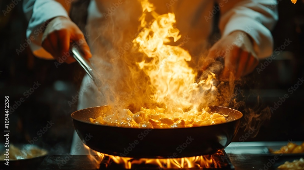 Chef flambés food in a large wok with flames. Chef flambés food in a large wok with flames.