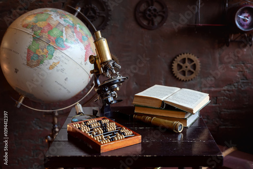 Vintage objects with a globe, microscope, and abacus on a wooden desk, symbolizing science and history photo