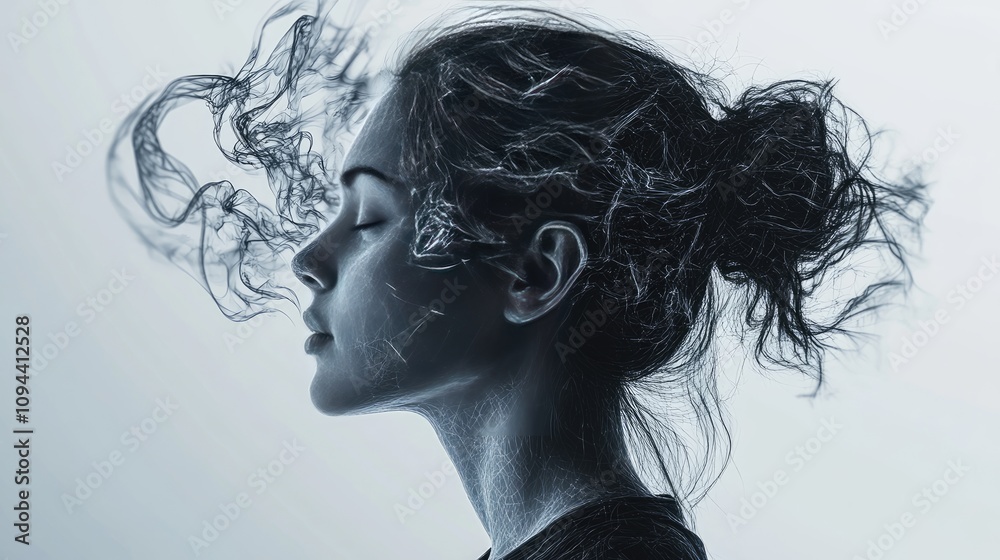 Fototapeta premium A contemplative young woman of South Asian descent with flowing hair, surrounded by wisps of ethereal smoke, creating a dreamlike atmosphere.