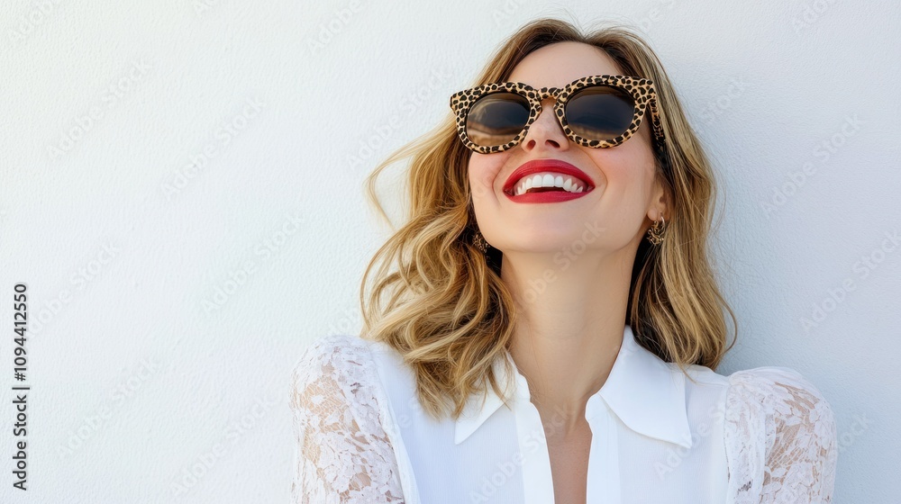 Smiling woman in stylish leopard sunglasses, white top Smiling woman in stylish leopard sunglasses, white top