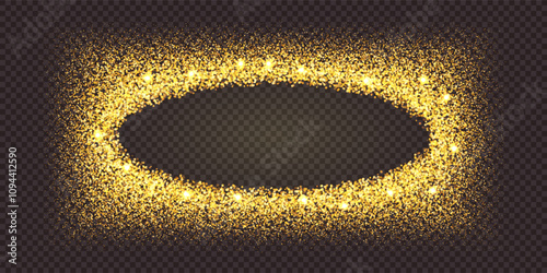 Sparkling golden glitter oval frame. Splattered sequin ellipse for award bg. Glitz sand sprayed in elliptical shape with empty space inside. Vector illustration with overlay effect