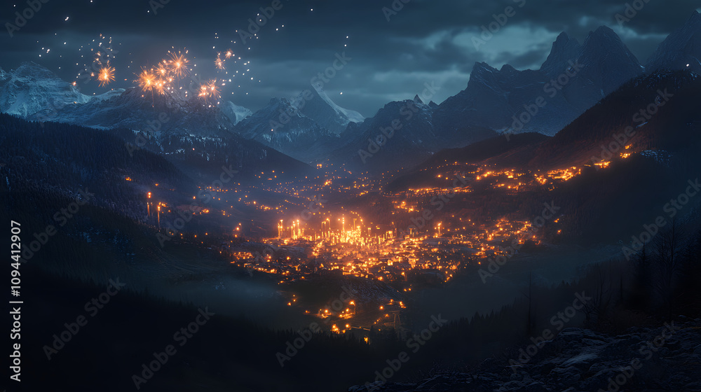 A scenic mountain village illuminated by fireworks with glowing trails casting shadows on peaks. A scenic mountain village illuminated by fireworks with glowing trails casting shadows on peaks.