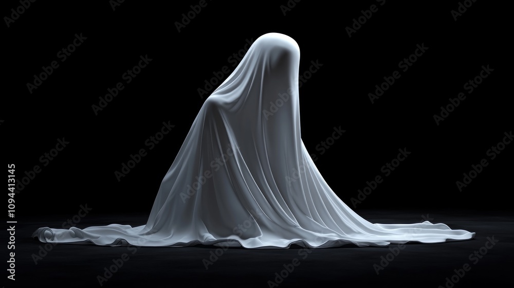 Cloaked figure kneeling in darkness, mysterious and ethereal. Cloaked figure kneeling in darkness, mysterious and ethereal.