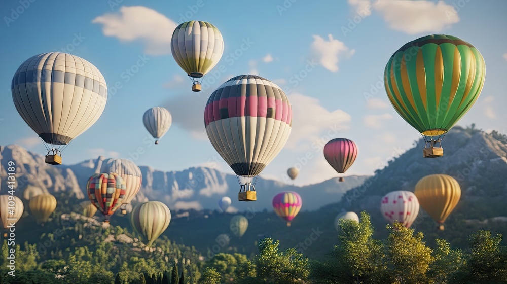 Obraz premium A stunning view of colorful hot air balloons soaring against a vibrant blue sky with mountains in the backdrop.