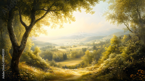 A serene Baroque painting of a countryside scene with soft lighting and golden tones.