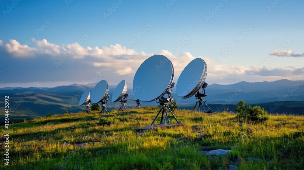 Satellite Dishes on Scenic Landscape under Blue Sky Satellite Dishes on Scenic Landscape under Blue Sky