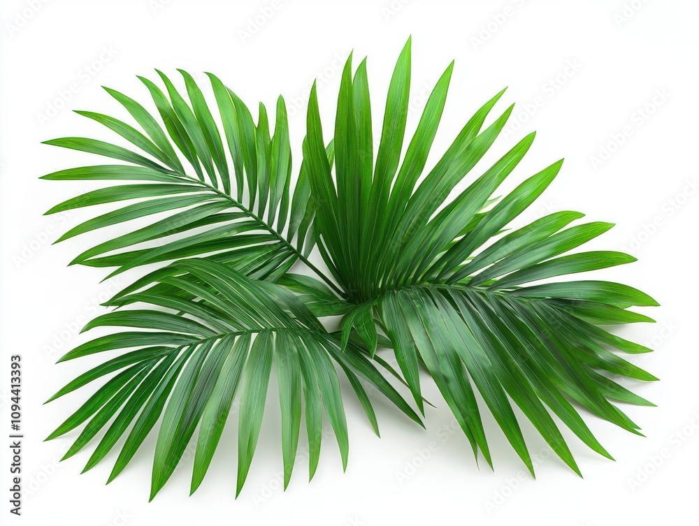 Green palm leaves on a white background for a tropical and fresh look. Green palm leaves on a white background for a tropical and fresh look.