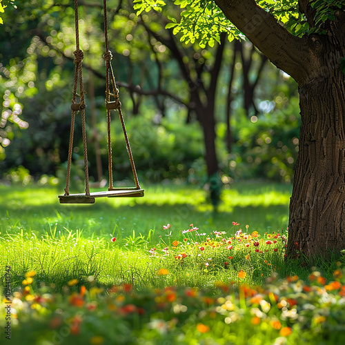 Empty swing in garden, enjoy and freedom generated.AI