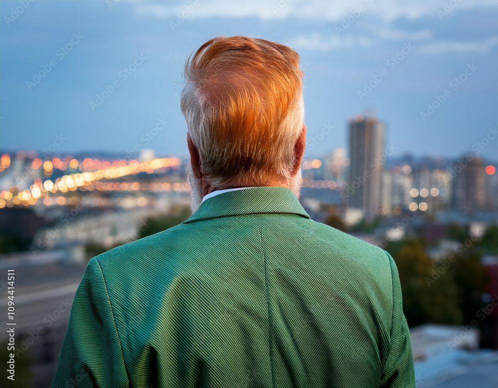 Back View Portrait of a Modern Man in Vibrant Green Attire with a Stunning City Skyline Backdrop at Dusk, Exuding Confidence and Style in a Contemporary Lifestyle Setting Back View Portrait of a Modern Man in Vibrant Green Attire with a Stunning City Skyline Backdrop at Dusk, Exuding Confidence and Style in a Contemporary Lifestyle Setting