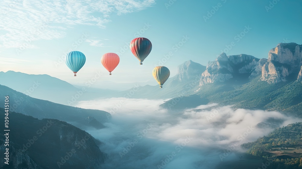 Fototapeta premium A serene morning with colorful hot air balloons ascending above a misty valley, surrounded by majestic mountains.